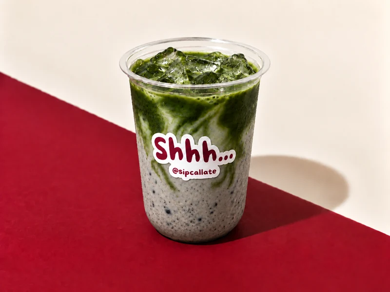 Black Sesame Maple Matcha in our Shh sticker cup