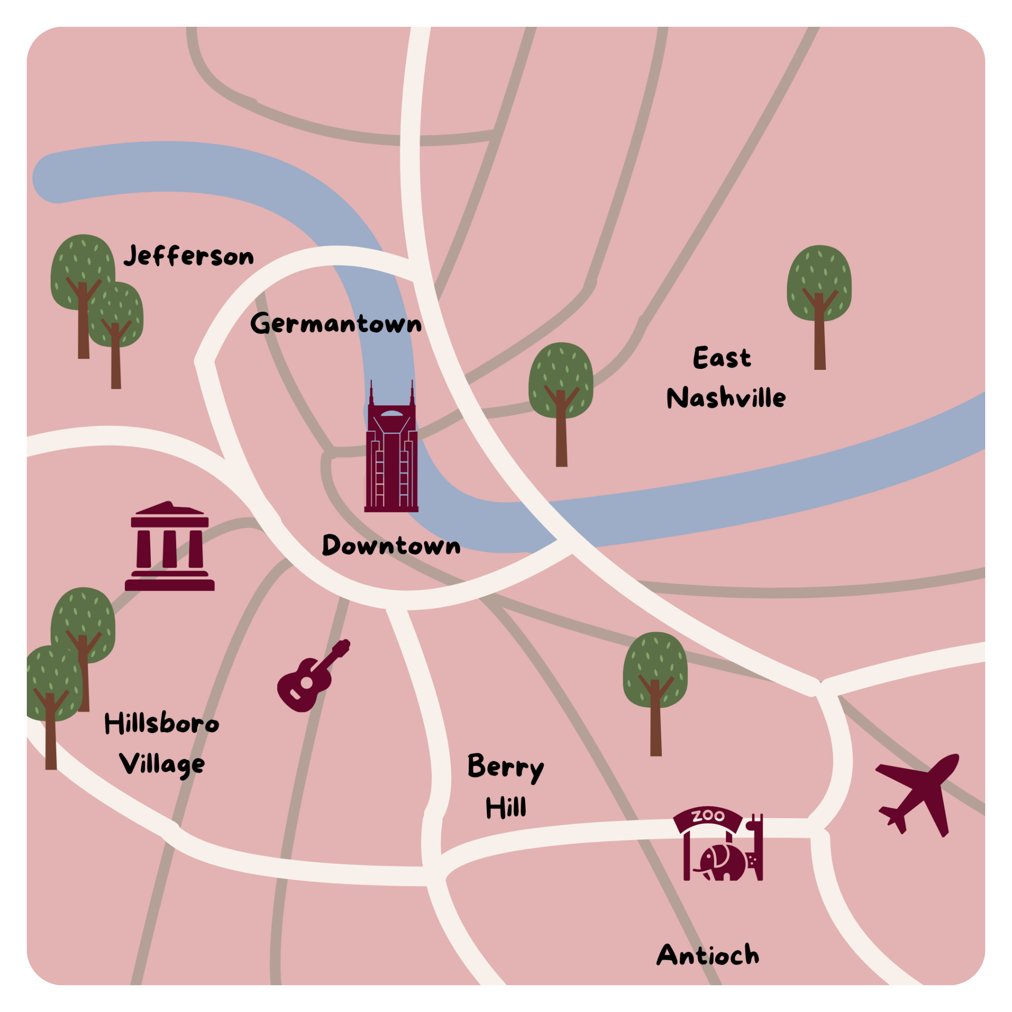 Illustrated Nashville map showing Jefferson, Germantown, Downtown, East Nashville, Hillsboro Village, Berry Hill and Antioch along the Cumberland River.
