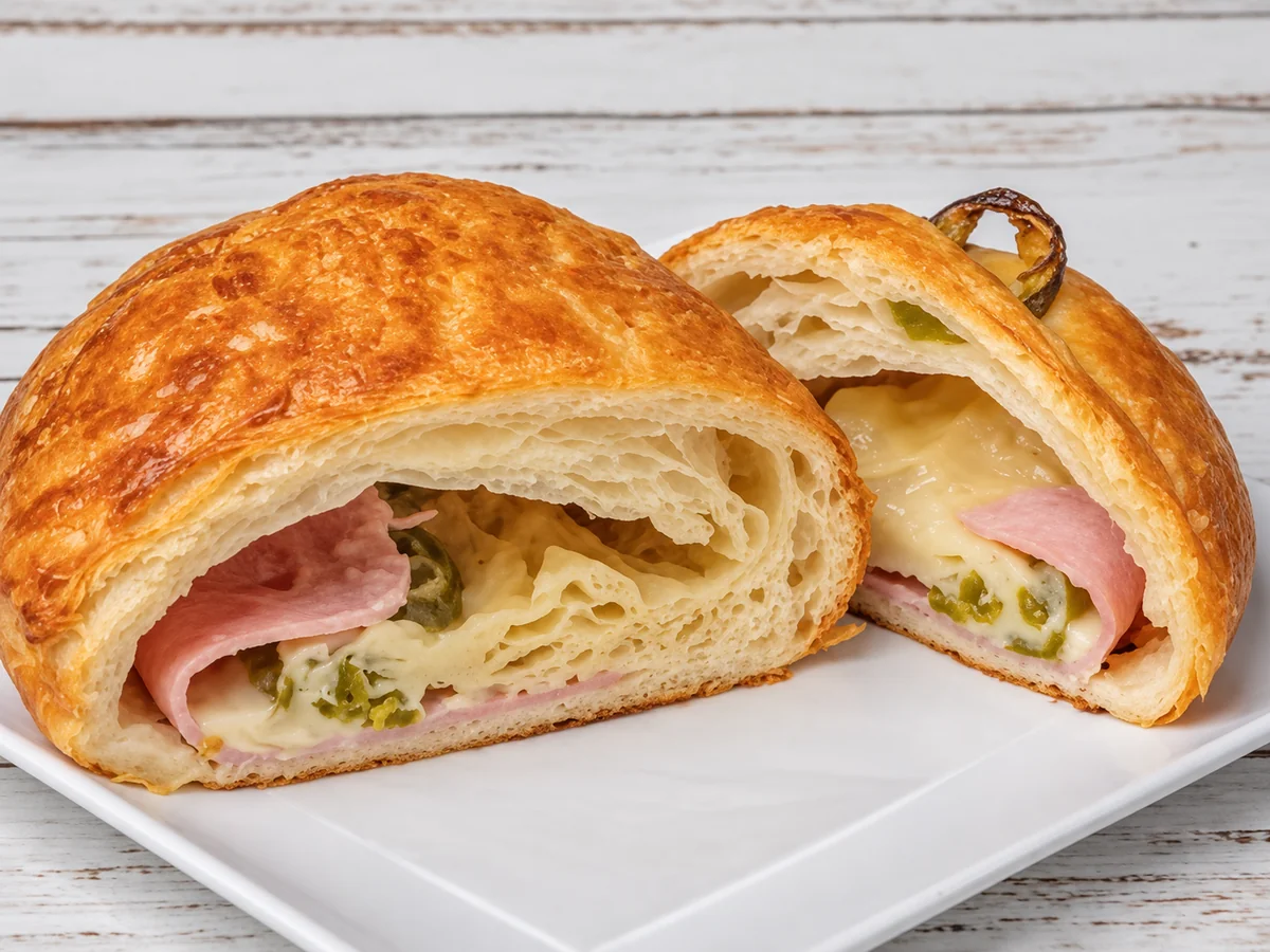 Ham and cheese croissant halves on a white plate