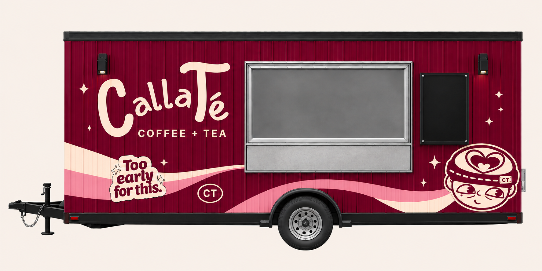 CallaTé’s burgundy trailer design with its service window and coffee-cup mascot